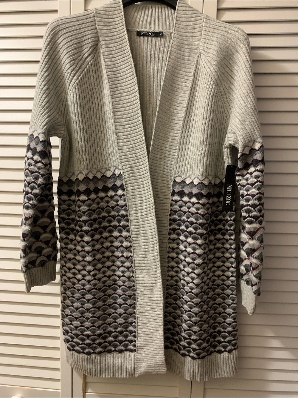 NIC+ZOE Silver Gray Patterned Open-Front Long Cardigan Size L NWT